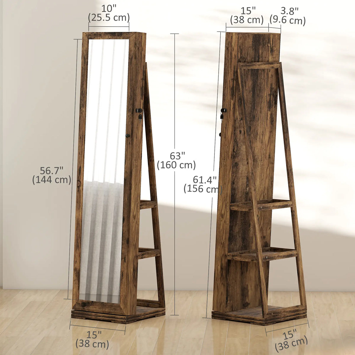 360° Swivel Jewelry Armoire, Lockable Mirror Cabinet, Rustic Brown Jewelry Armoire & Jewellery Mirror Cabinets at Gallery Canada