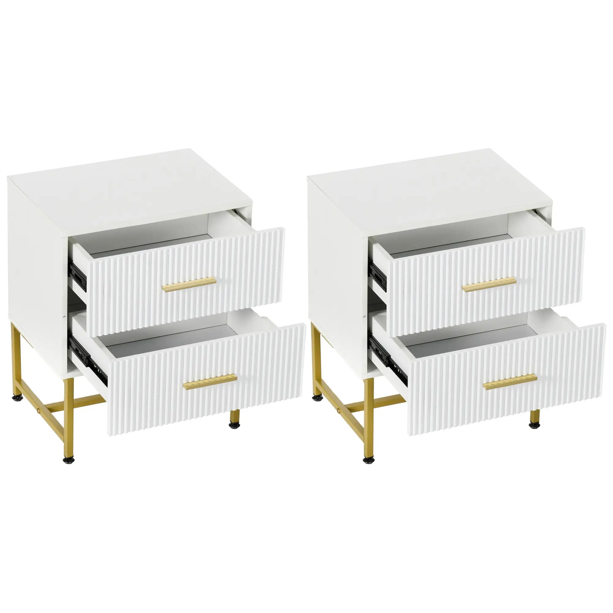 2 Nightstands with Storage, Modern Bedside Tables, 2 Fluted Drawers, Gold Legs, White Bedside Tables at Gallery Canada