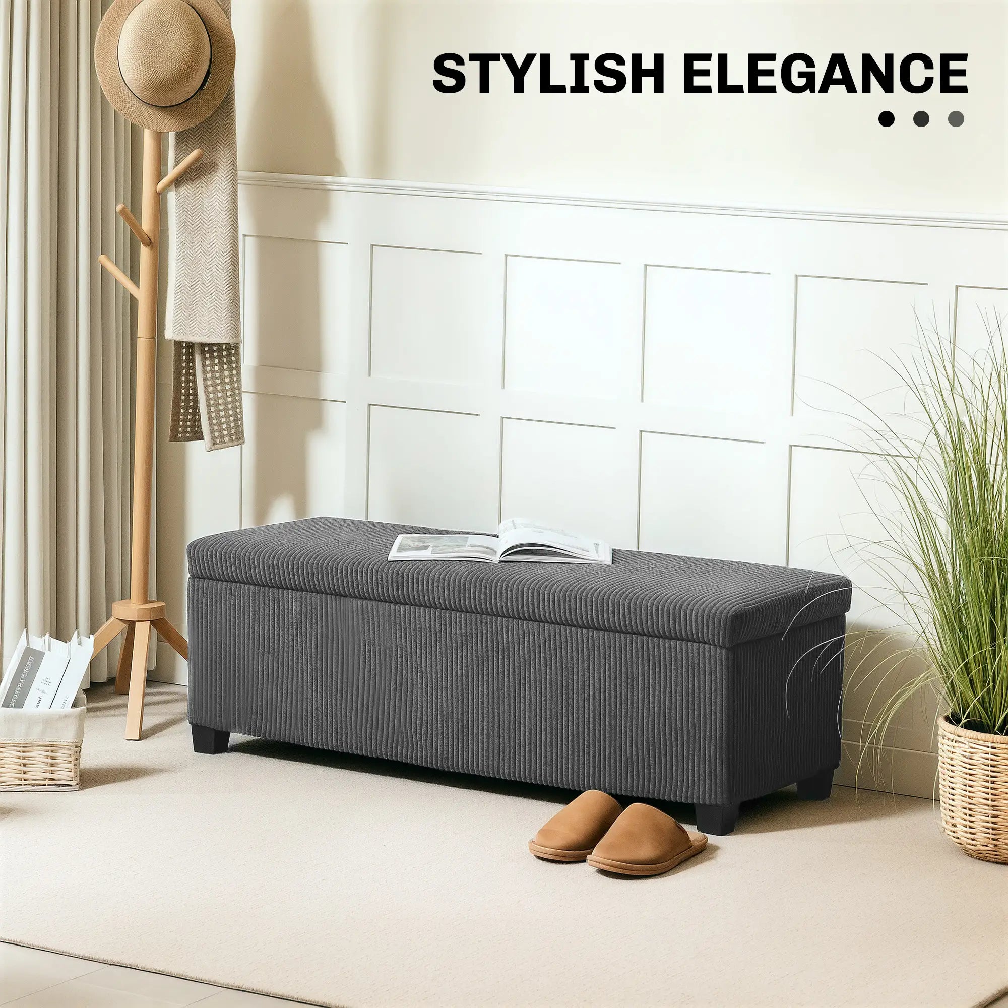 44 Inches Ottoman Storage Bench, Corduroy Lid, Grey Storage Ottomans & Benches at Gallery Canada