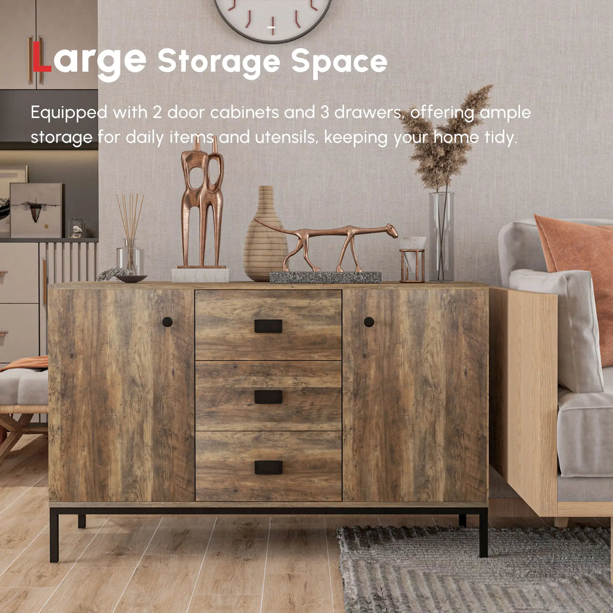 Industrial Sideboard Cabinet, 2 Doors, 3 Drawers, Shelves, Brown Bar Cabinets at Gallery Canada