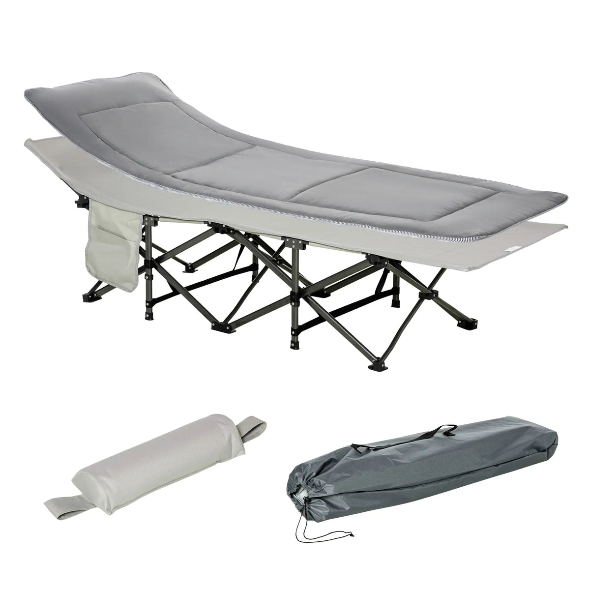 Folding Camping Cot with Mattress, Pillow, Double Layer Oxford, Carry Bag, Light Grey Camping Cots Light Grey at Gallery Canada