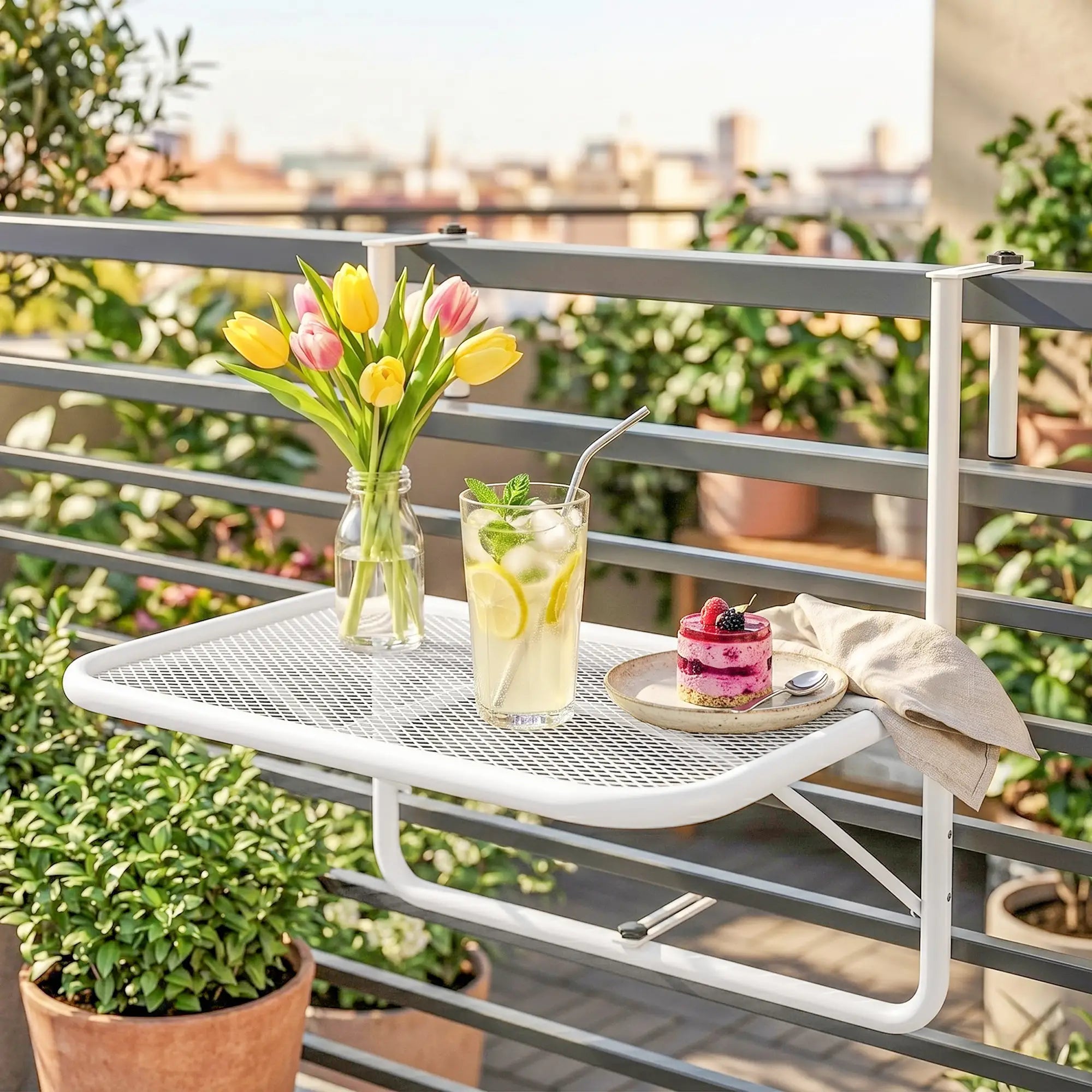 Adjustable Balcony Hanging Table, Metal Wall Desk, Outdoor Flower Stand, White Balcony Table Hanging at Gallery Canada