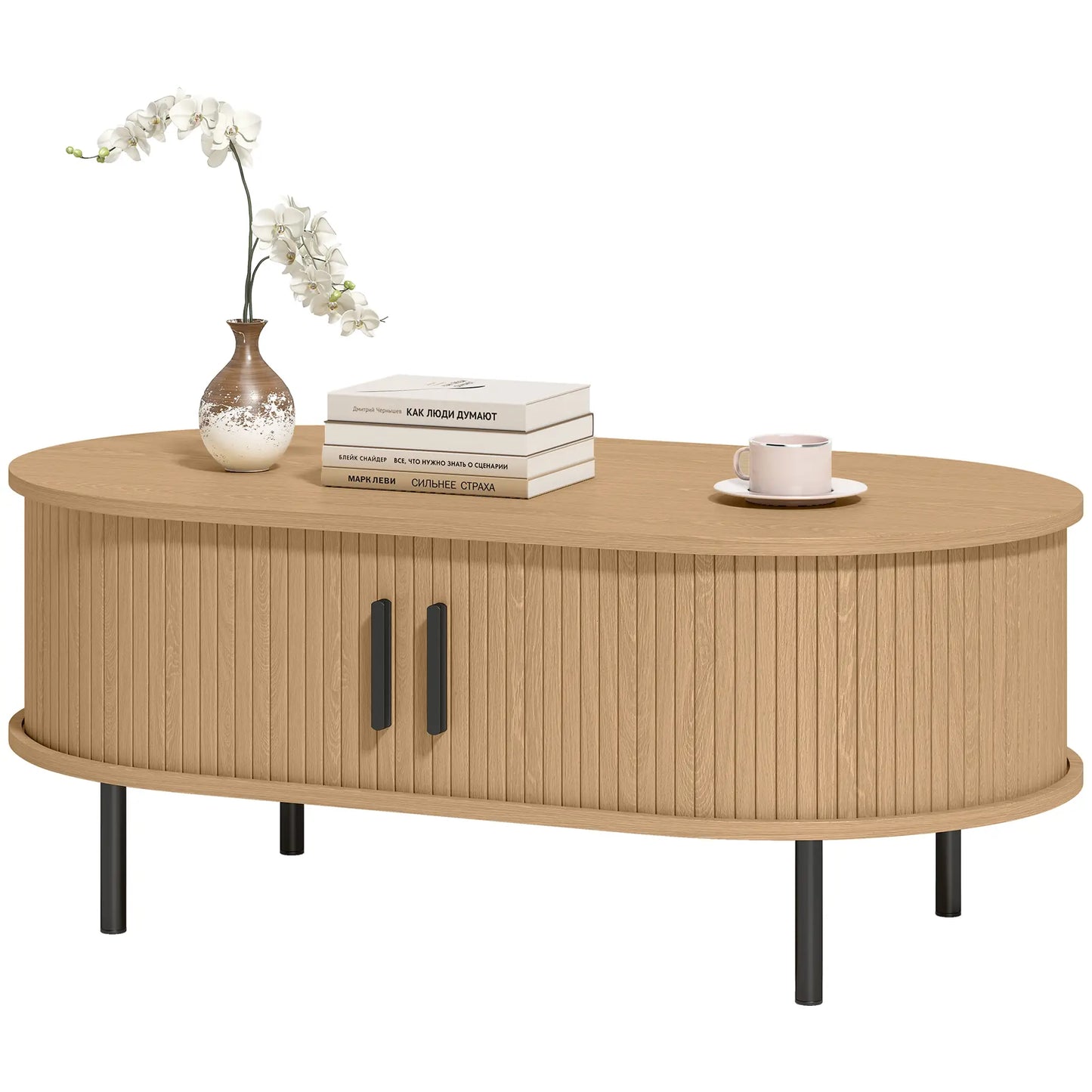 Coffee Table with Sliding Tambour Doors and Storage Center Table with Metal Legs, 39", Natural Coffee Tables Natural Wood, Black at Gallery Canada