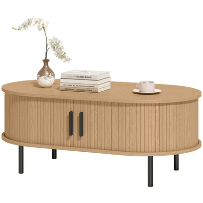 Coffee Table with Sliding Tambour Doors and Storage Center Table with Metal Legs, 39", Natural Coffee Tables Natural Wood, Black at Gallery Canada