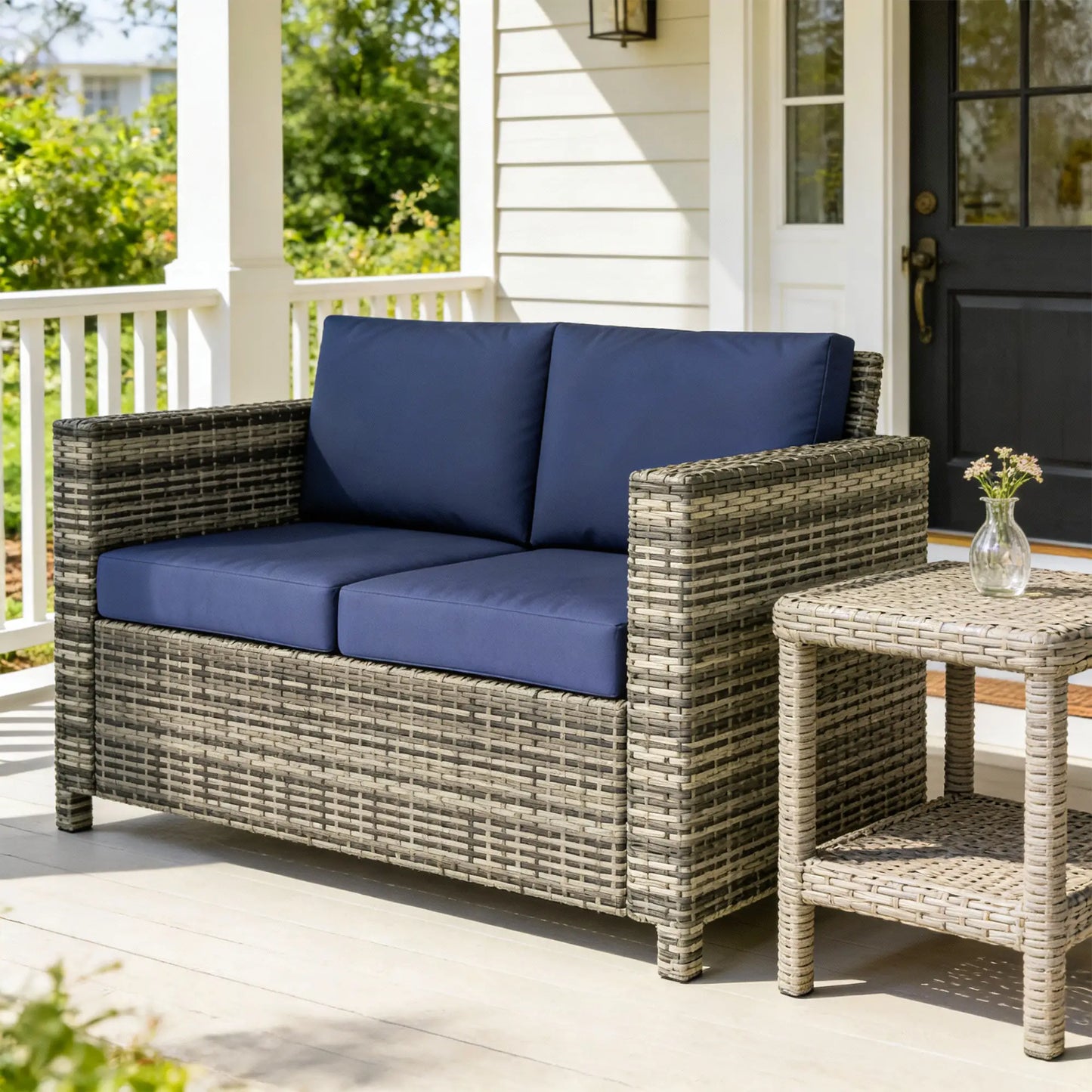 Wicker Outdoor Sofa, All Weather Patio Loveseat With Cushions, Dark Blue Patio Furniture Sets at Gallery Canada