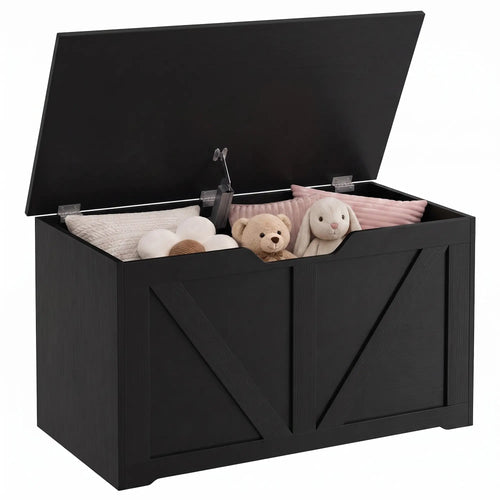 31.5 Inch Storage Chest Trunk with Safety Hinge, Black Wood Grain, Black