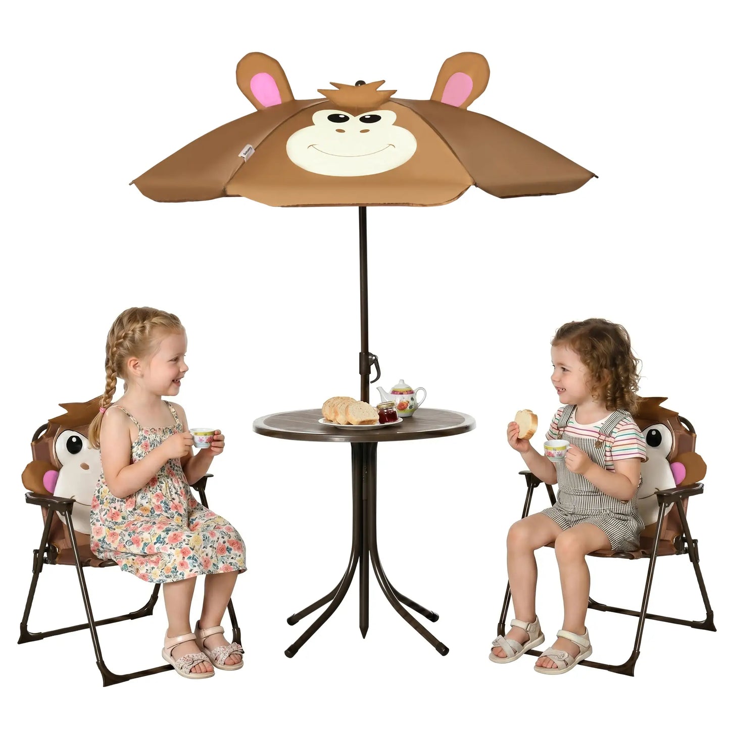 Kids Folding Picnic Table Chair Set with Adjustable Umbrella, Brown Kids Outdoor Furniture Brown at Gallery Canada