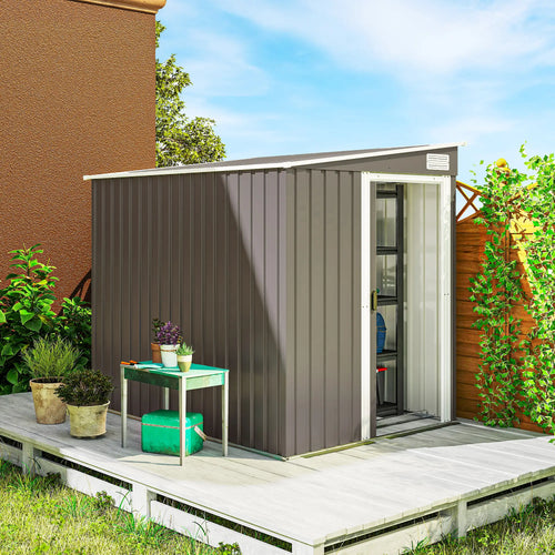 5'x7' Lean To Galvanized Metal Shed, Garden Storage, Light Grey