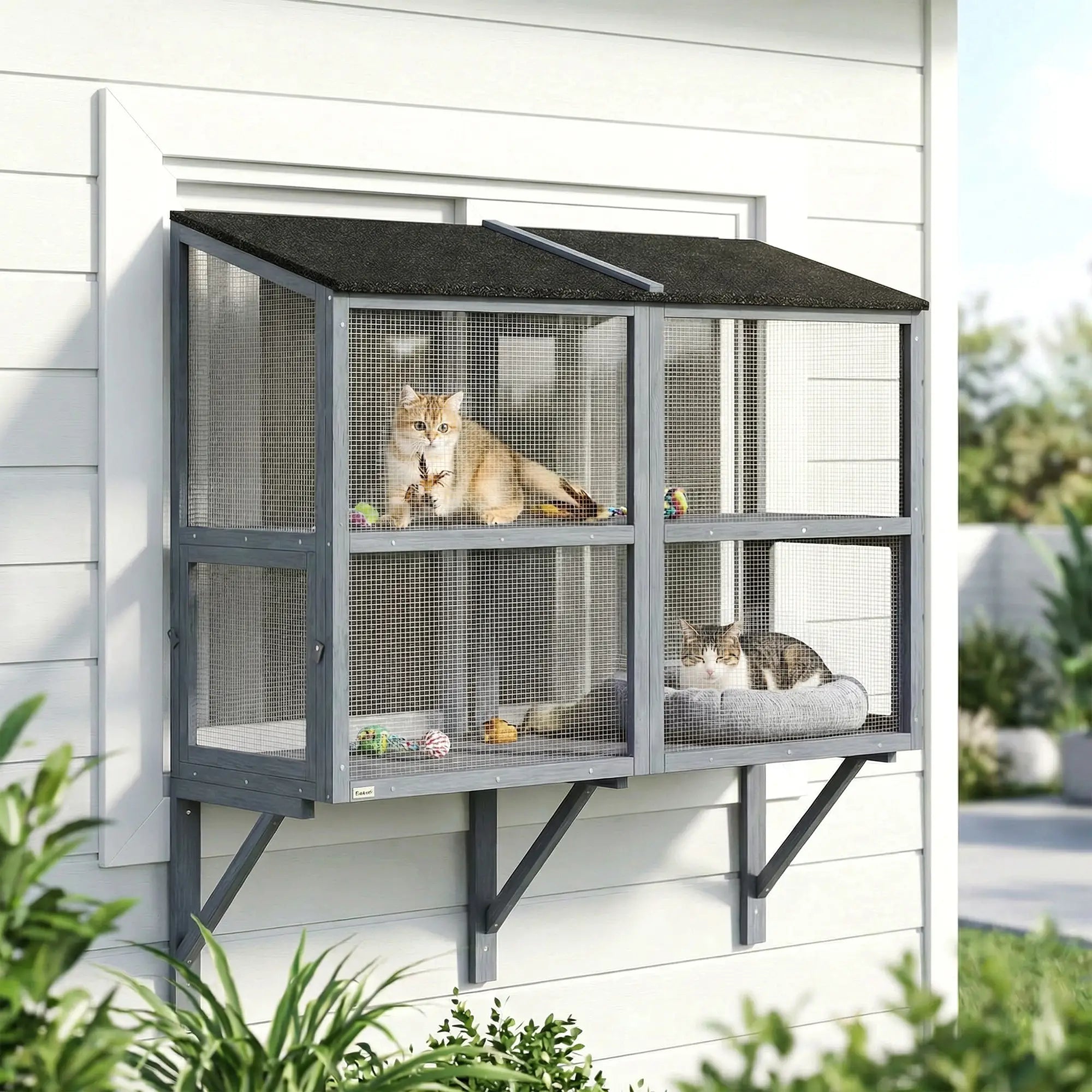 Outdoor Cat Enclosure, Wall-Mounted 2-Level Cat House, Waterproof Roof, 51.2