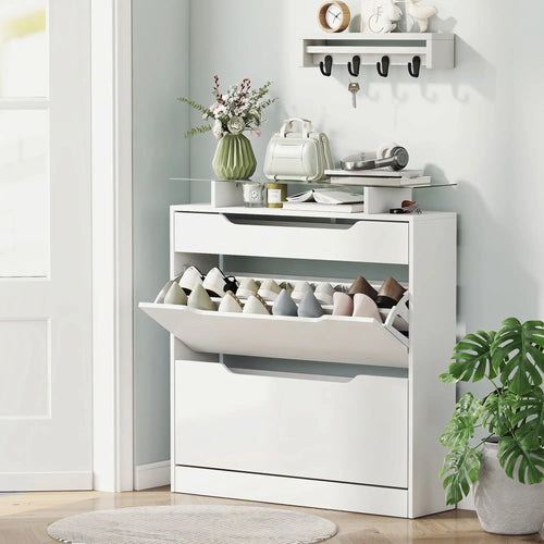 High Gloss Shoe Cabinet, 2 Flip Drawers, Adjustable Shelves, Glass Top, White