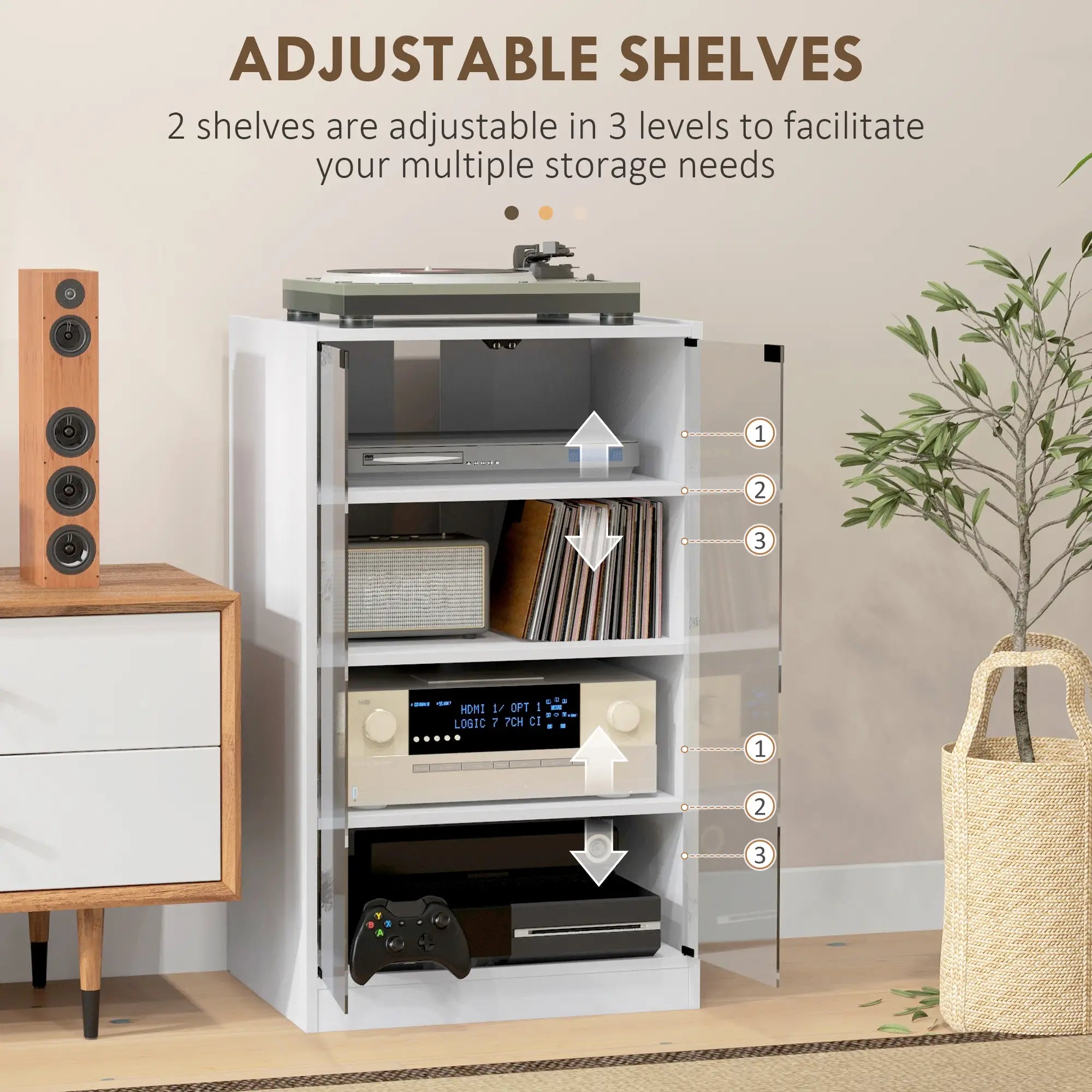5-Tier Media Cabinet, Adjustable Shelves, Tempered Glass Doors, Distressed, White Storage Cabinets at Gallery Canada