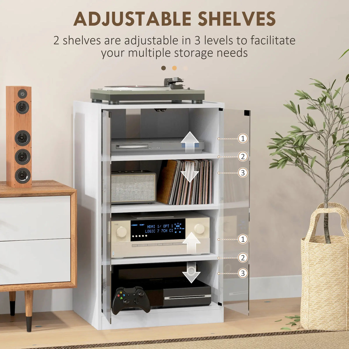 5-Tier Media Cabinet, Adjustable Shelves, Tempered Glass Doors, Distressed, White Storage Cabinets at Gallery Canada