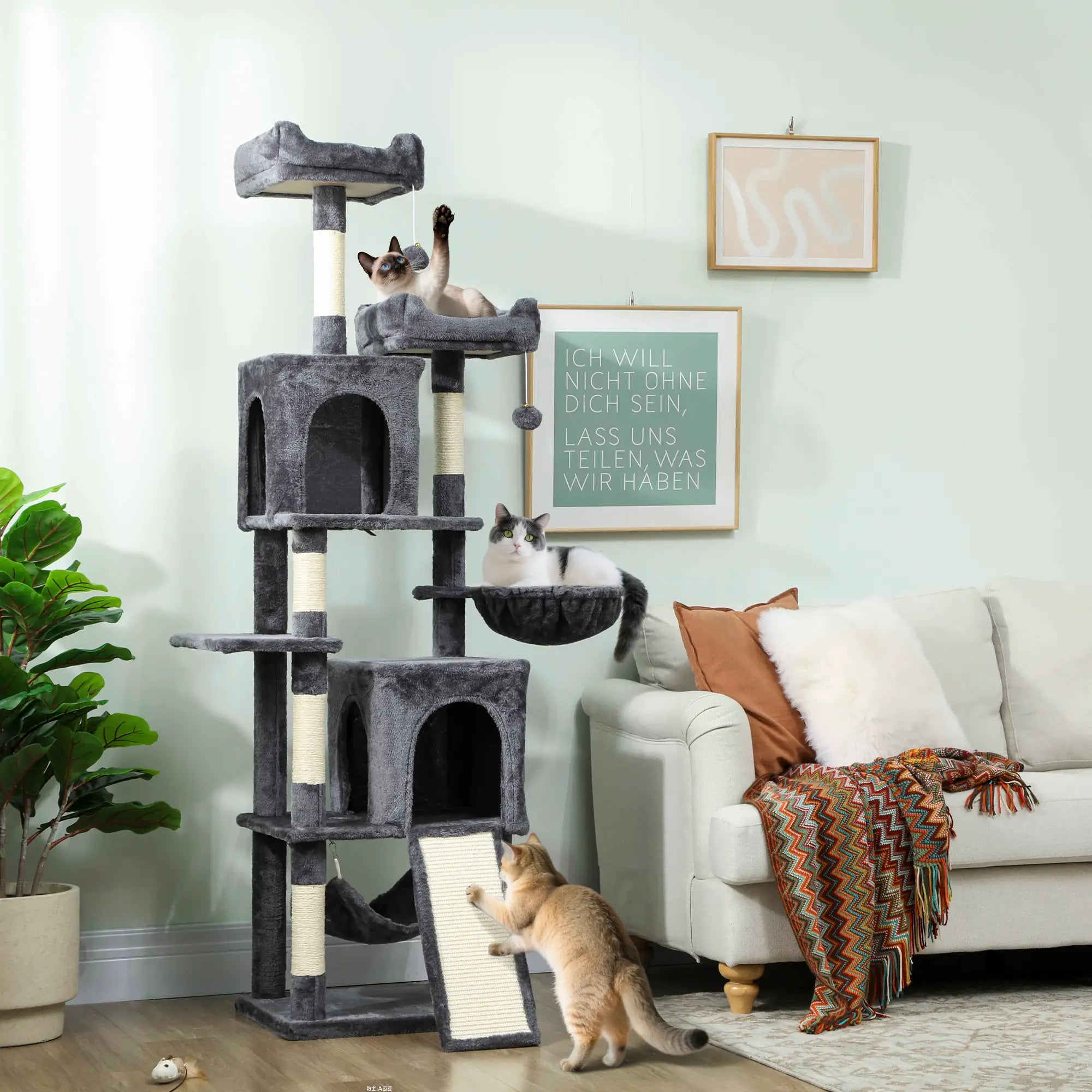Cat Tree, 70 Inch Multi-Level Tower with Condos, Perches, Hammock, Dark Grey Cat Towers at Gallery Canada