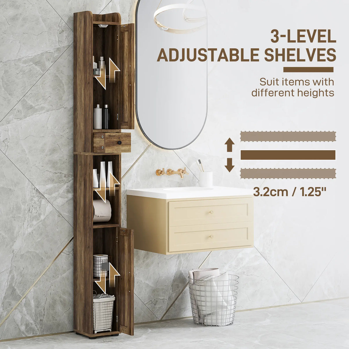 Narrow Bathroom Cabinet, Tall Storage with Barn Doors, Drawer, Adjustable Shelves, Wood Grain, Brown Bathroom Cabinets at Gallery Canada