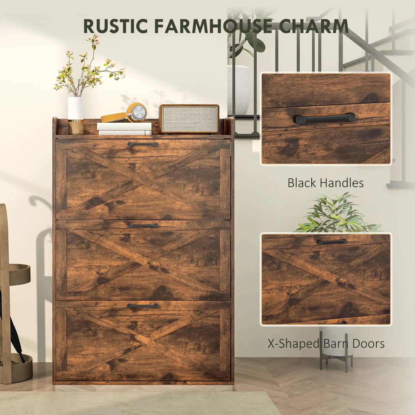Narrow Shoe Storage Cabinet, 3 Flip Drawers, Adjustable Shelves, Rustic Brown Shoe Storage Cabinets & Racks at Gallery Canada