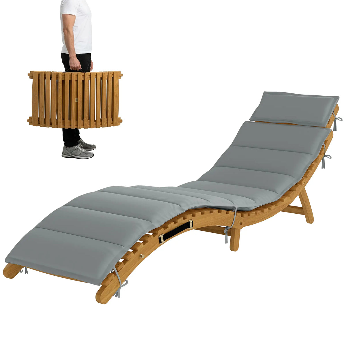 Folding Acacia Wood Chaise Lounge Chair with Cushion, Light Grey Lounger Chairs Natural Wood Finish, Light Grey at Gallery Canada