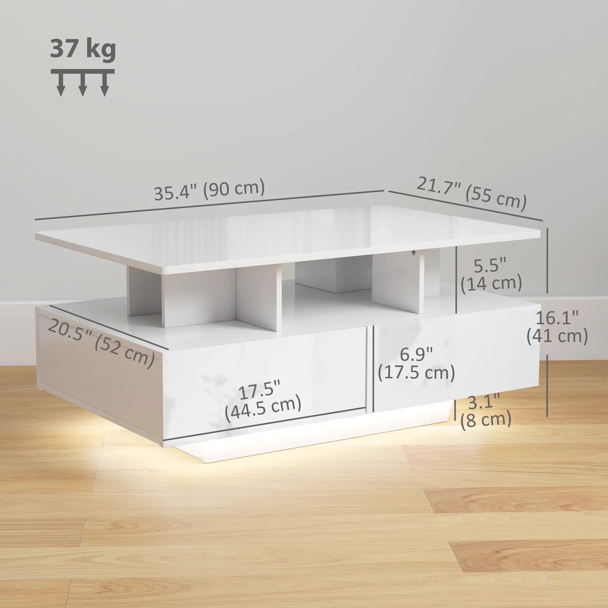 Modern Coffee Table with RGB LED Lights, 4 Drawers, Open Shelf, Remote, High Gloss White, White Coffee Tables at Gallery Canada