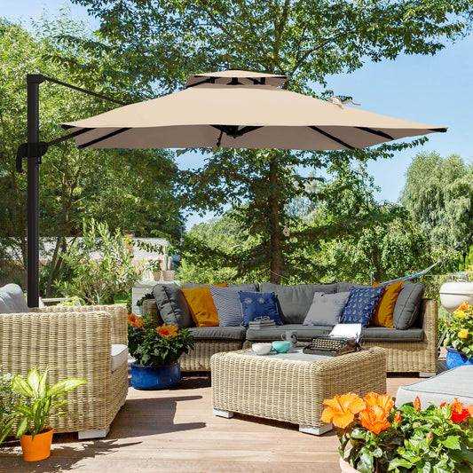 10ft Square Cantilever Patio Umbrella, 360° Rotating, Crank Handle, Khaki Offset Cantilever Umbrellas Khaki and Black at Gallery Canada