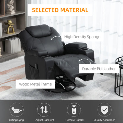 Massage Recliner Chair, 8 Vibration Points, PU Leather, 360° Swivel, Black Single Sofas at Gallery Canada