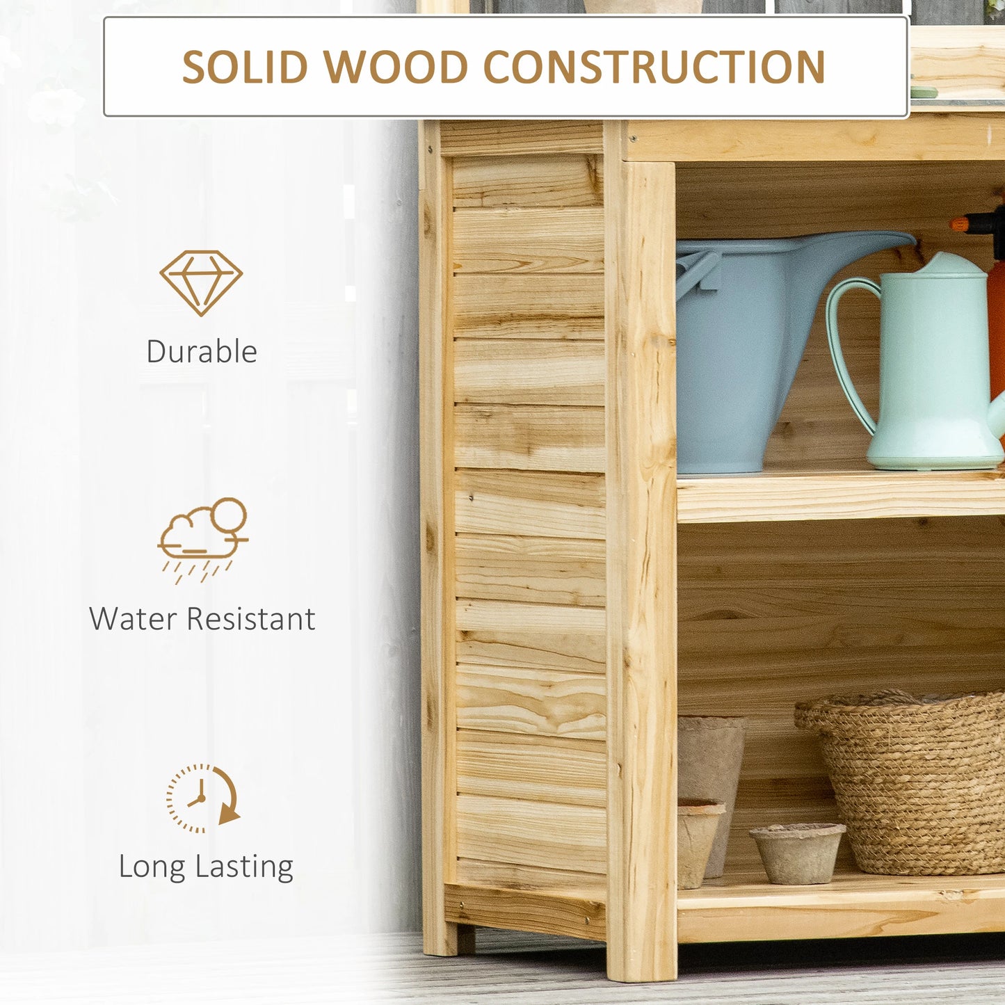 Wooden Potting Bench, Galvanized Metal Tabletop, Storage Shelves, Hooks Potting Benches & Tables at Gallery Canada