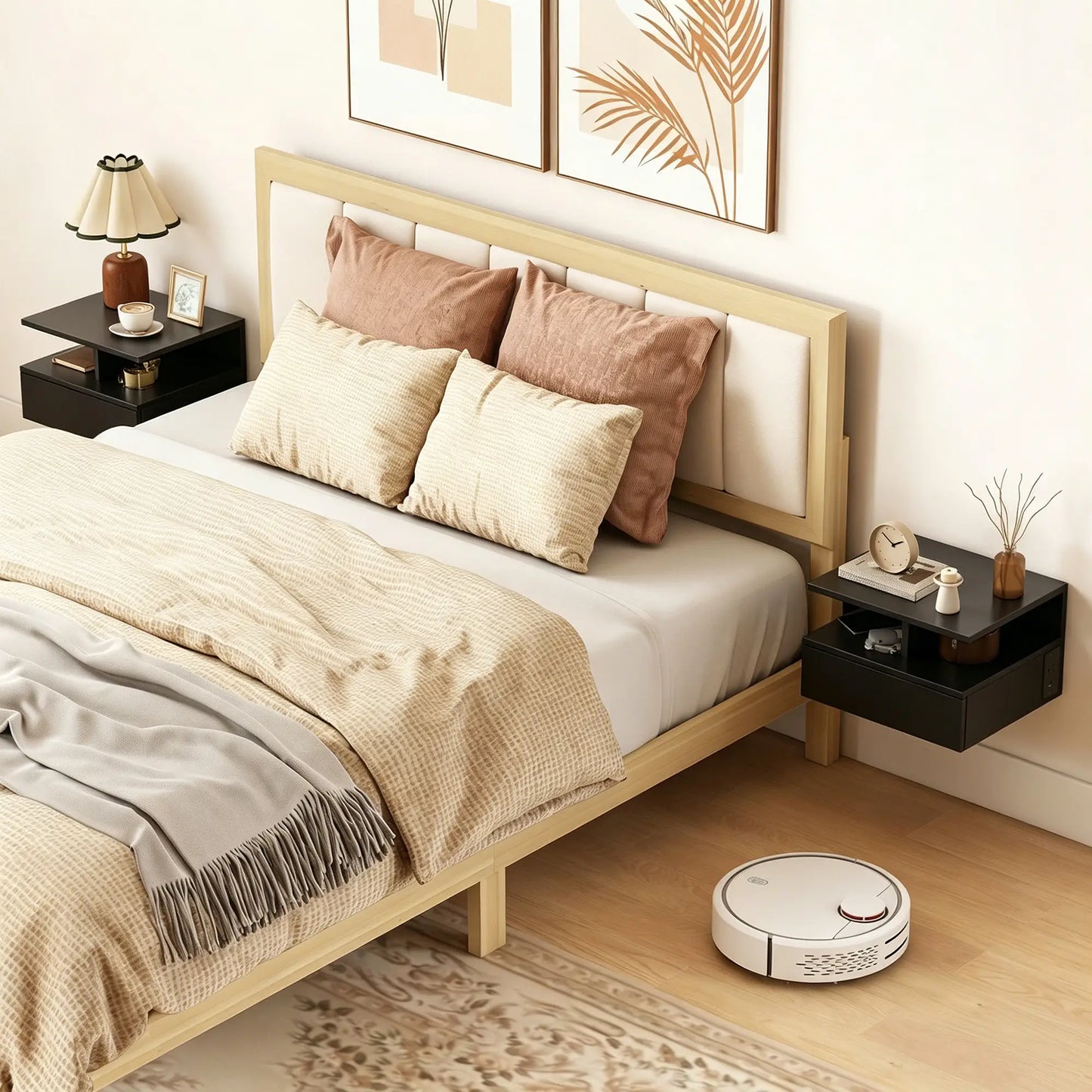 Floating Nightstand Set of 2, Wall Mounted Bedside Table with with Power Outlets, Drawer and Shelf, Black Bedside Tables at Gallery Canada