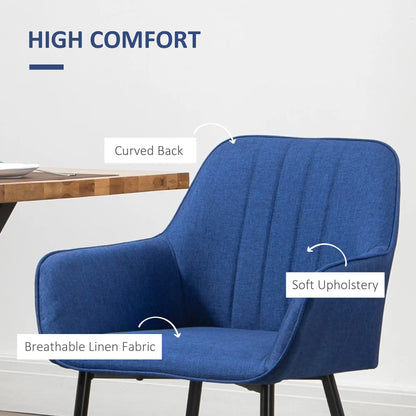 Dining Chairs Set of 2, Upholstered Linen Fabric, Metal Legs, Dark Blue