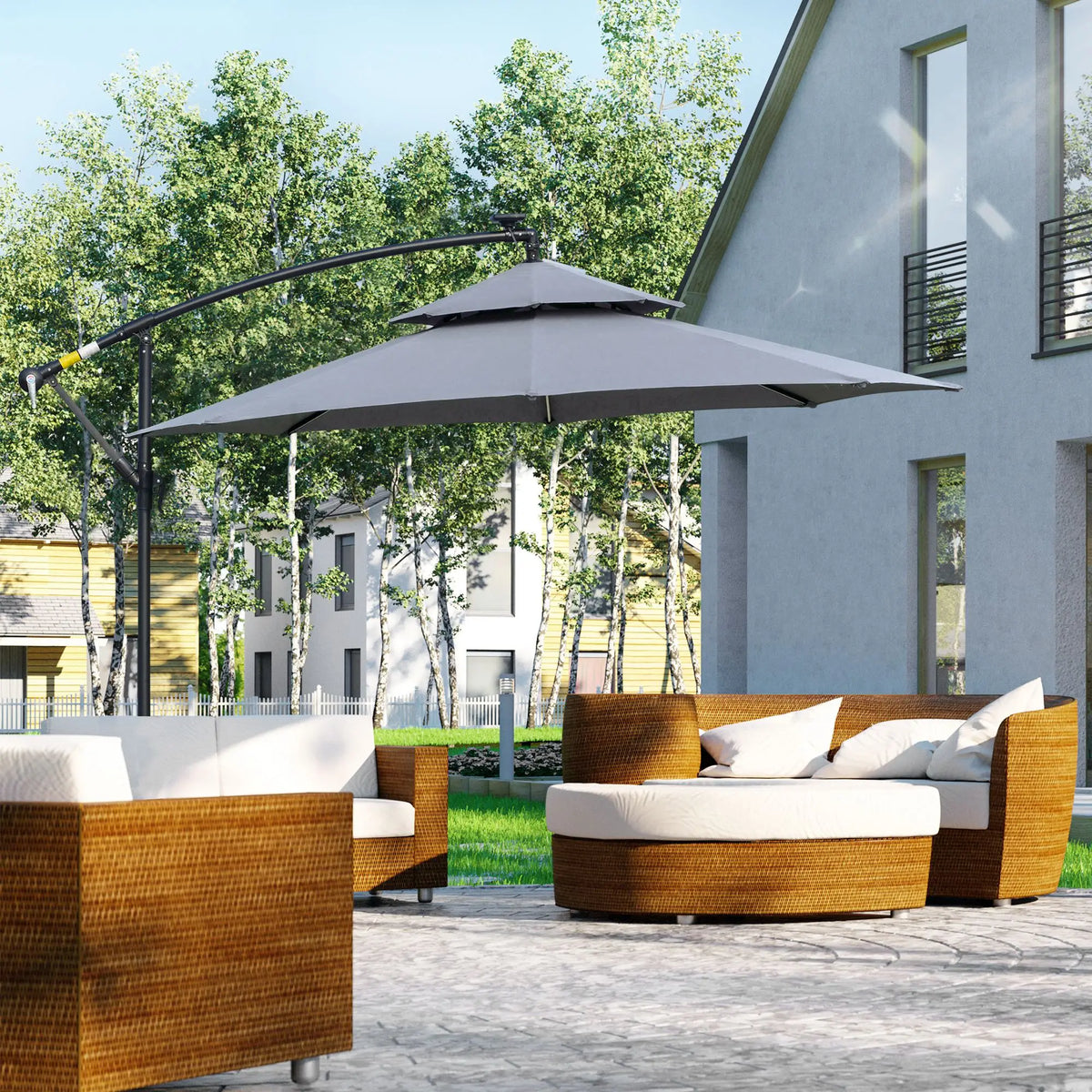10FT Solar Powered Cantilever Patio Umbrella, Crank, Cross Base, Grey Cantilever Umbrellas at Gallery Canada