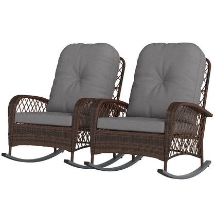 Outdoor Wicker Rattan Rocking Chair Set of 2, Patio Rocker with Cushions, Grey Outdoor Rocking Chairs Mixed Brown Rattan, Grey Cushion at Gallery Canada