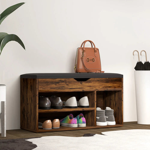 Shoe Bench with Padded Cushion, Hidden Storage, Rustic Brown