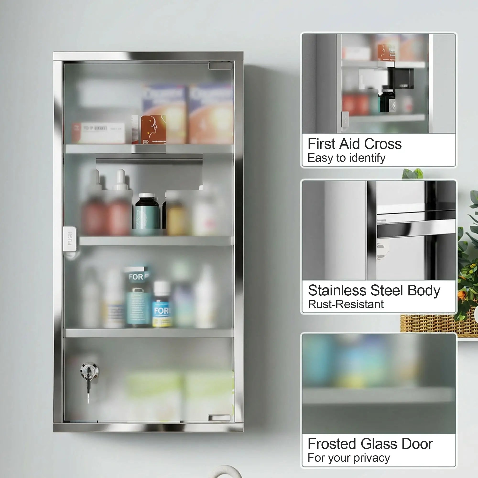 Wall Mount Medicine Cabinet, 4 Tier Shelves, Stainless Steel Frame, Glass Door, Lockable, 12