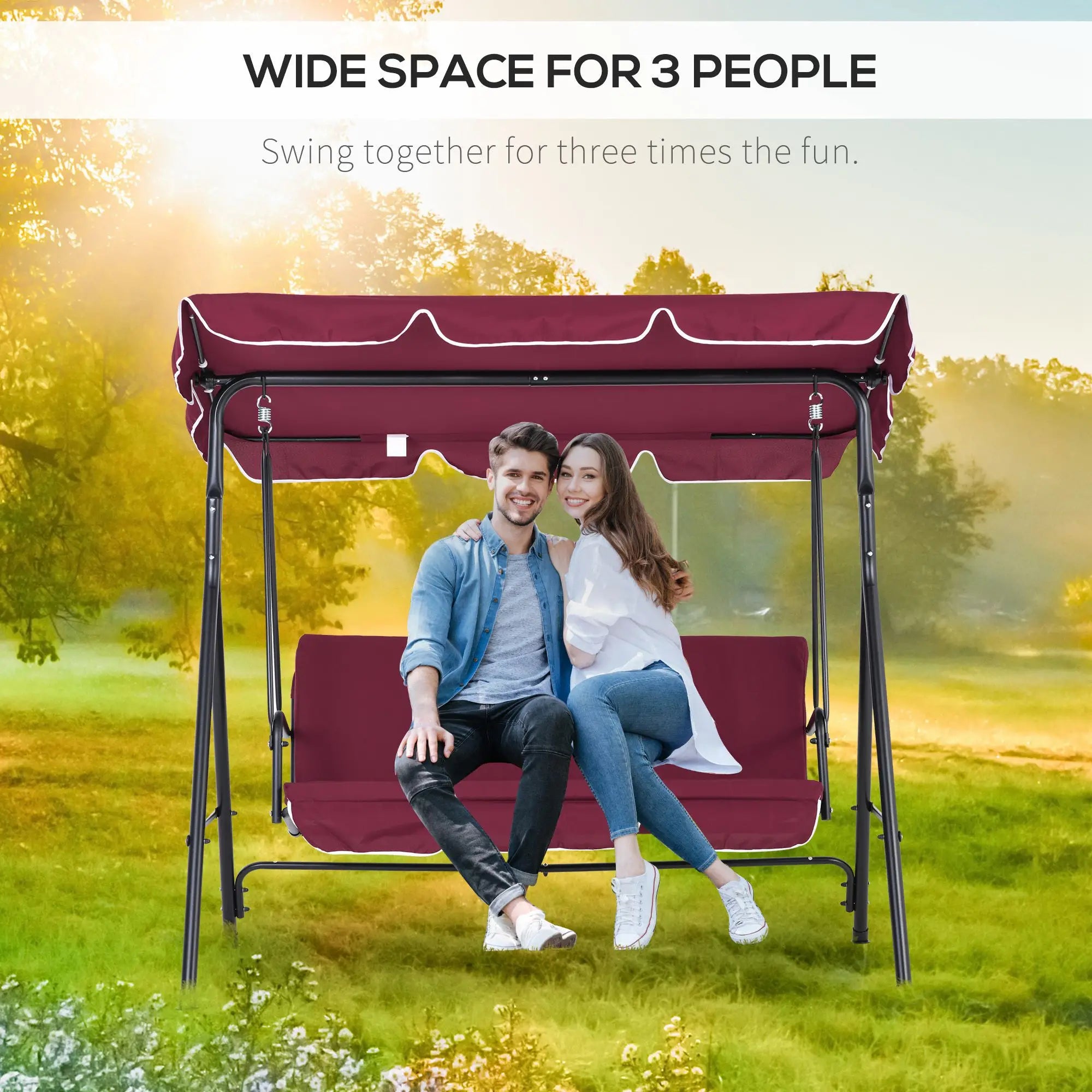 3-Seater Patio Swing Chair with Canopy, Garden Poolside, Wine Red Patio Swings with Stand at Gallery Canada