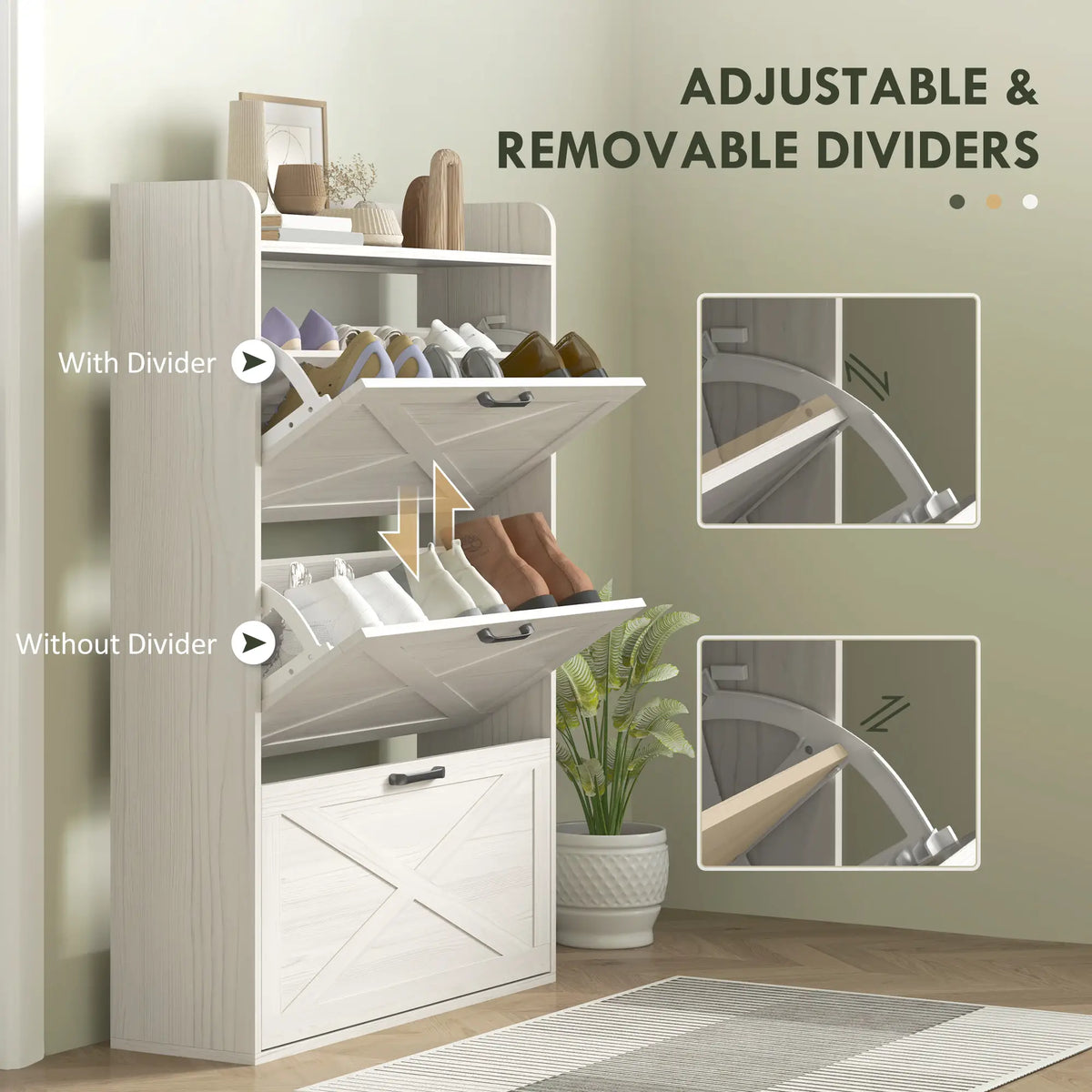 Narrow Shoe Storage Cabinet, 3 Flip Drawers, Adjustable Shelves, White Oak Shoe Storage Cabinets & Racks at Gallery Canada