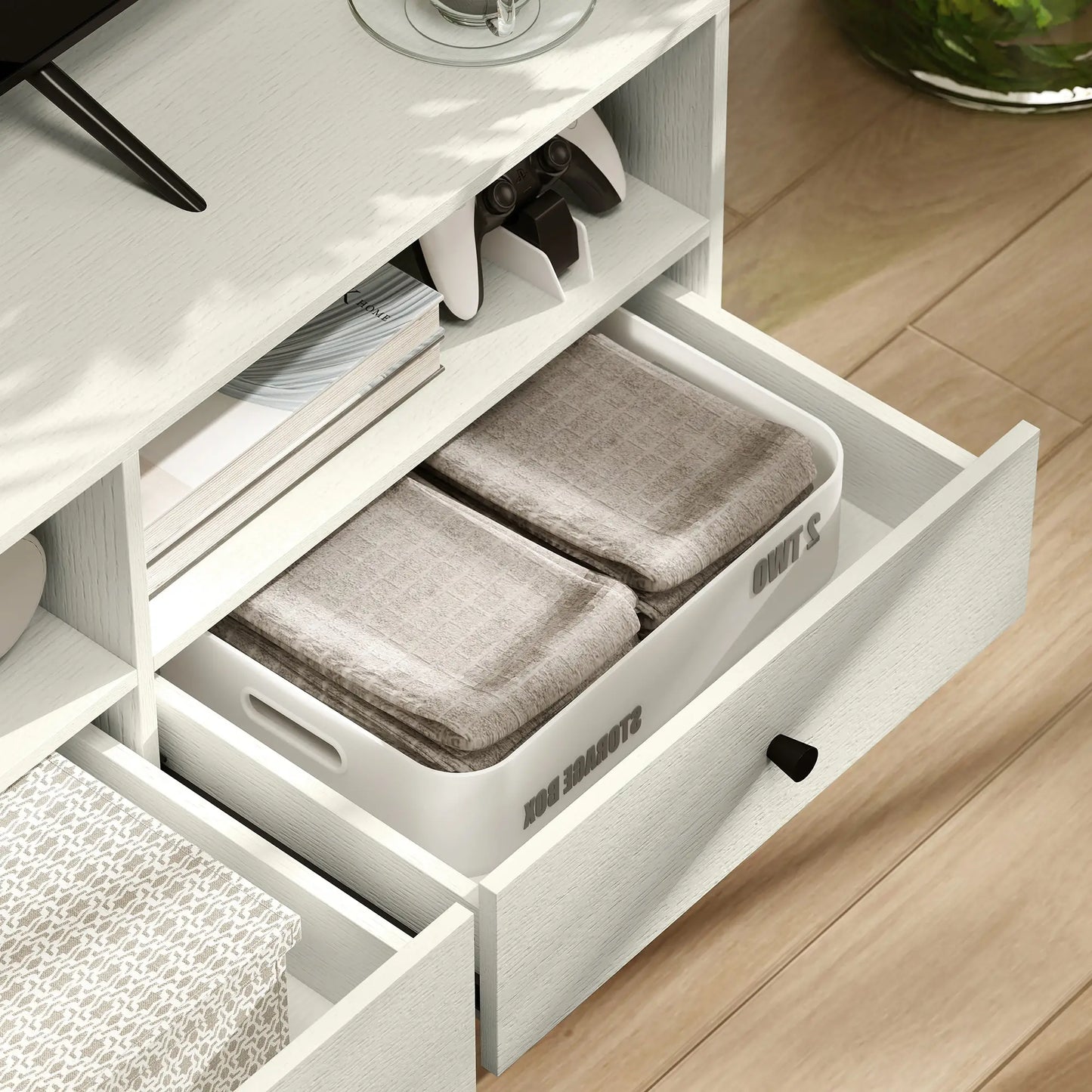 TV Stand for 75 Inches, 3 Storage Shelves, 3 Drawers, White TV Stands at Gallery Canada