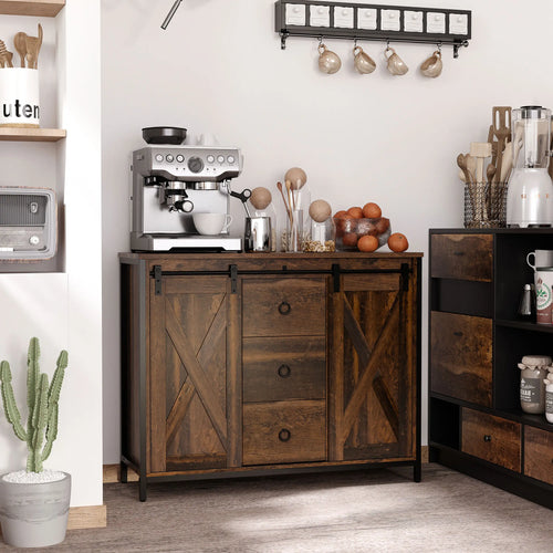 Industrial Buffet Cabinet, Kitchen Sideboard, Sliding Barn Doors, 3 Drawers, Adjustable Shelves, Rustic Brown, Brown