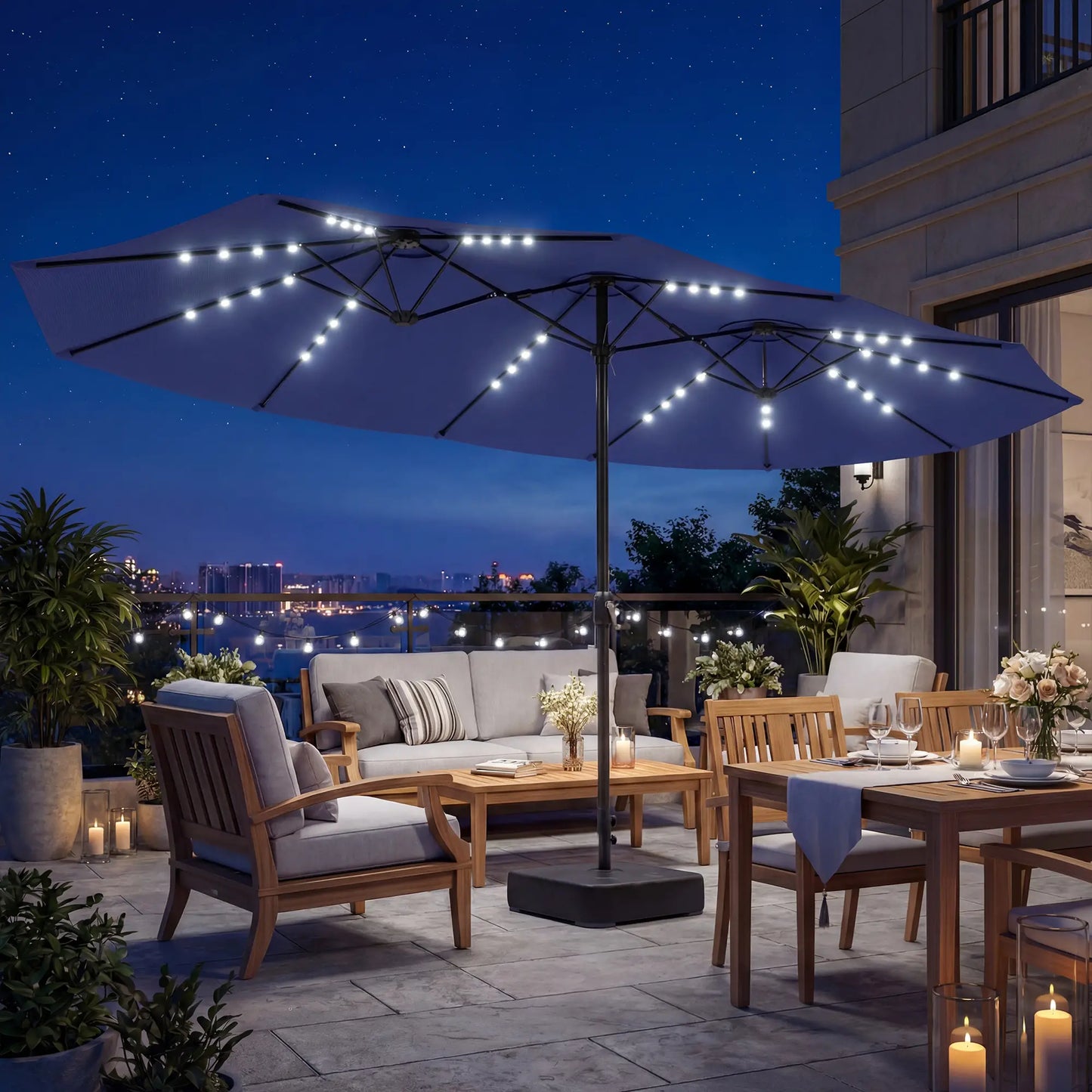 Double-Sided Patio Umbrella, 15ft, 48 LED Lights, Base Included, Dark Blue Double-sided Umbrellas at Gallery Canada