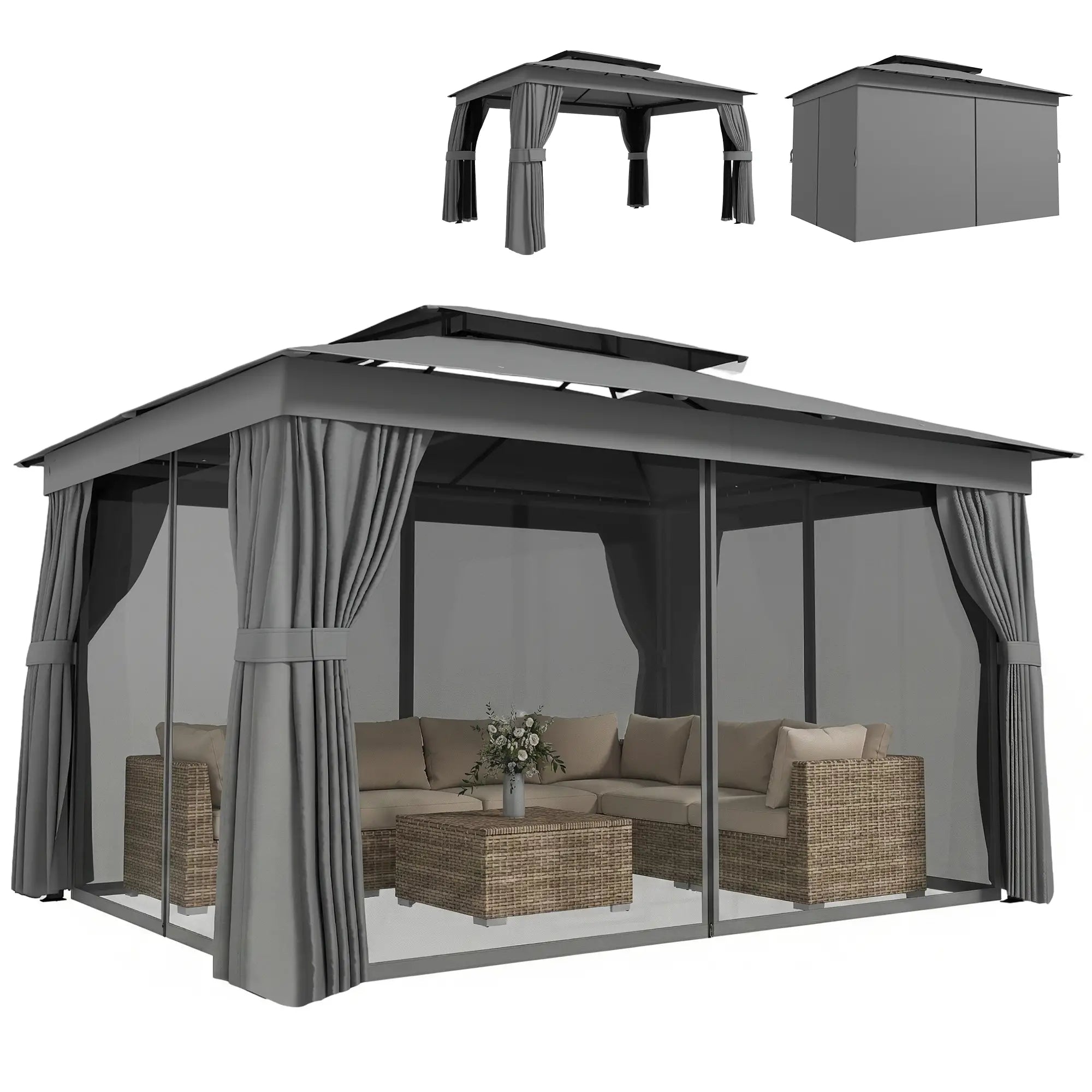 10' x 12.5' Gazebo, With Curtains, Netting, Double Roof, Dark Grey Gazebos at Gallery Canada