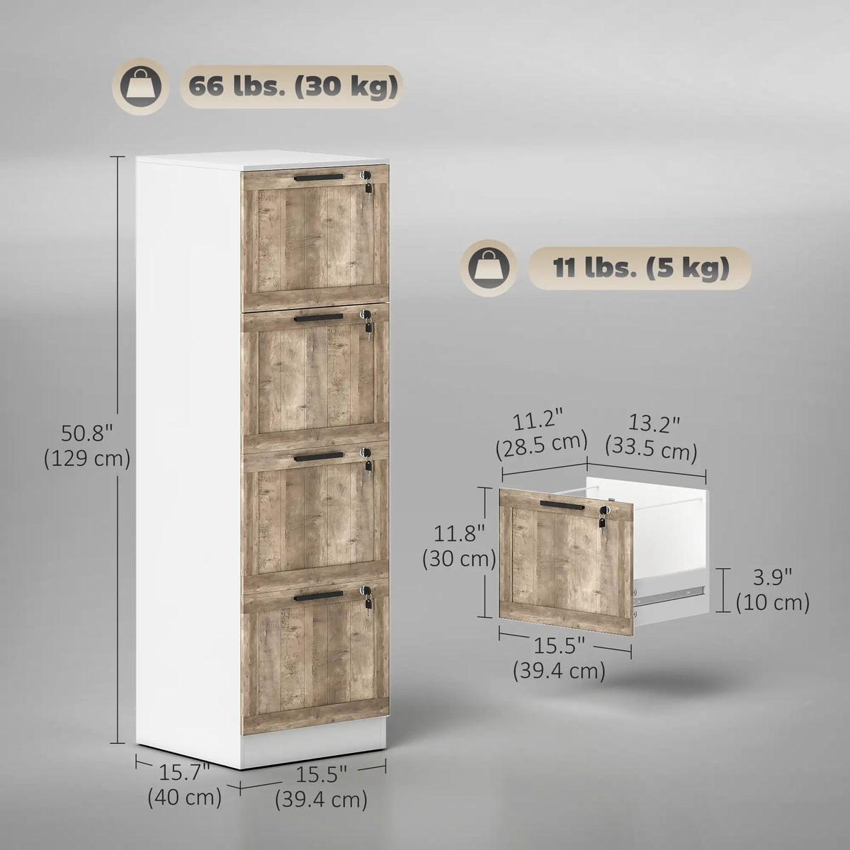 4 Drawer Filing Cabinet, Farmhouse Style, Adjustable Hanging Rails, White Office Cabinets & Cupboards at Gallery Canada