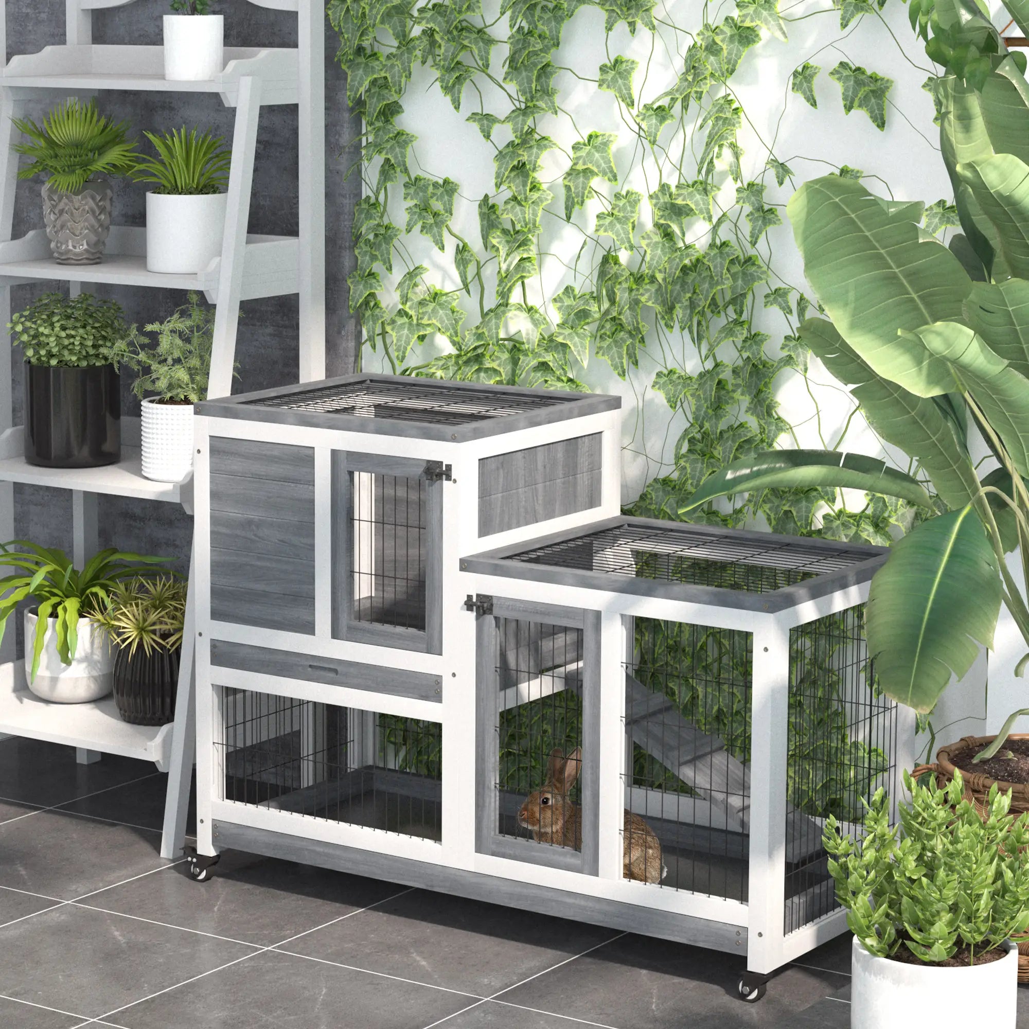 Wooden Rabbit Hutch, Indoor Bunny Cage with Wheels, Pull Out Trays, Run, Grey Rabbit Hutch at Gallery Canada