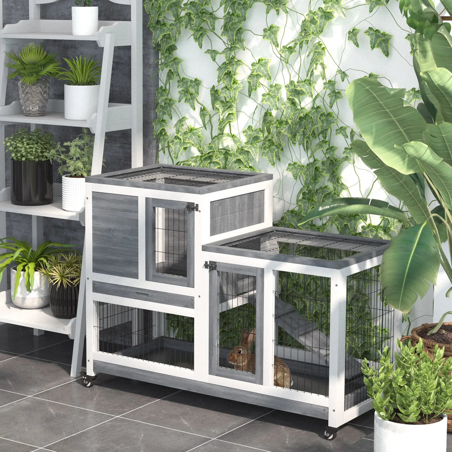 Wooden Rabbit Hutch, Indoor Bunny Cage with Wheels, Pull Out Trays, Run, Grey Rabbit Hutch at Gallery Canada
