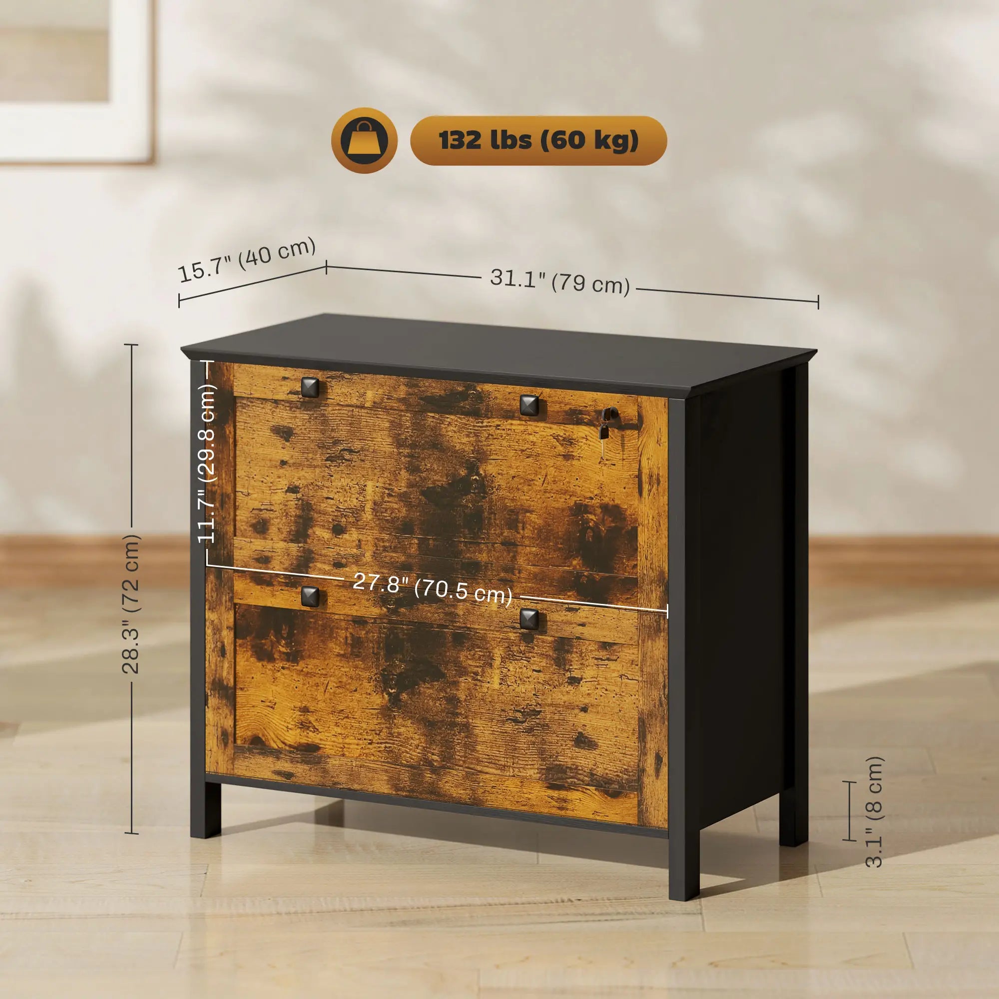 2 Drawer File Cabinet, Lockable, Adjustable Hanging Bar, Letter, A4 Size, Rustic Brown Office Cabinets & Cupboards at Gallery Canada