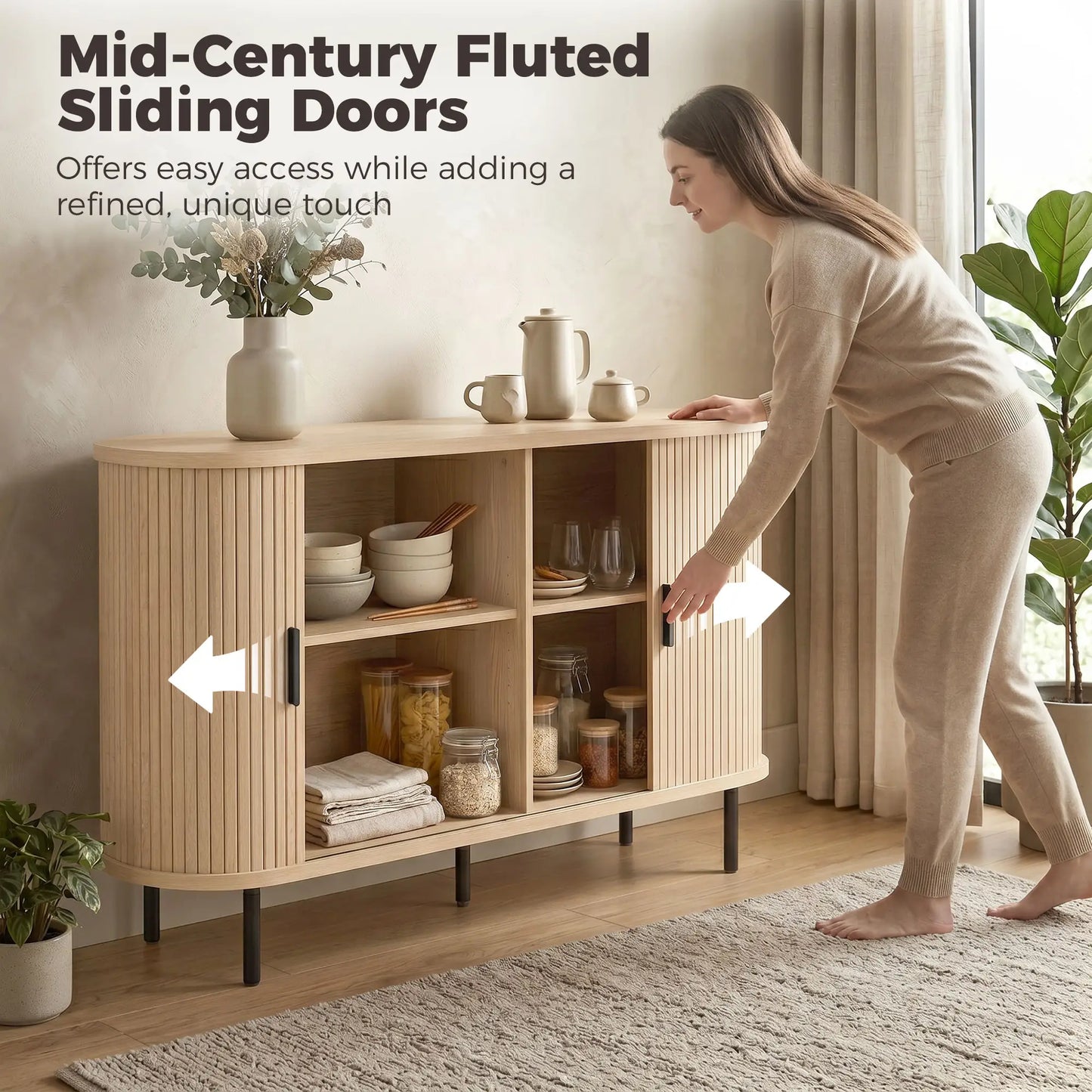 Mid Century Fluted Buffet Cabinet With Sliding Doors, 55", Natural Storage Cabinets at Gallery Canada