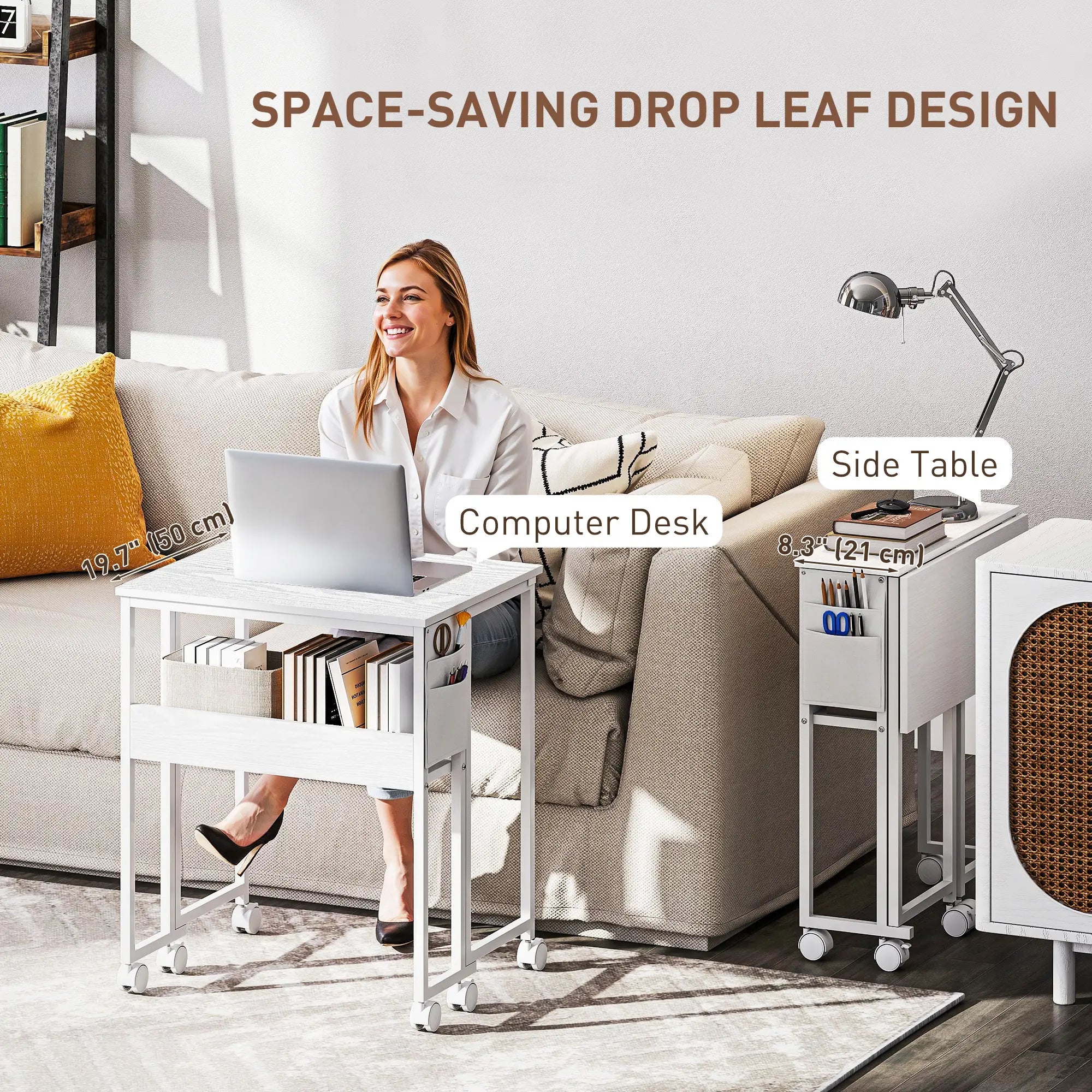 Folding Computer Desk with Storage Bag Shelf and Wheels White, White Writing Desks at Gallery Canada
