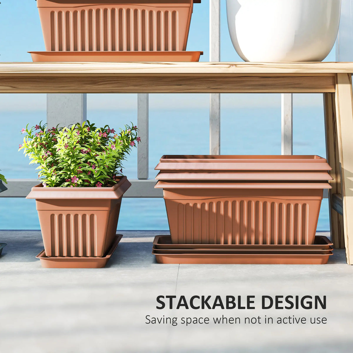 7 Pack 15.7" Plastic Flower Planters, Drainage Holes, Trays, Brown Garden Accessories at Gallery Canada