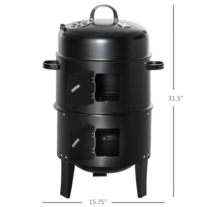 3-In-1 Vertical Charcoal BBQ Smoker, 16" Round Grill With Thermometer, Black Charcoal BBQ Grils at Gallery Canada