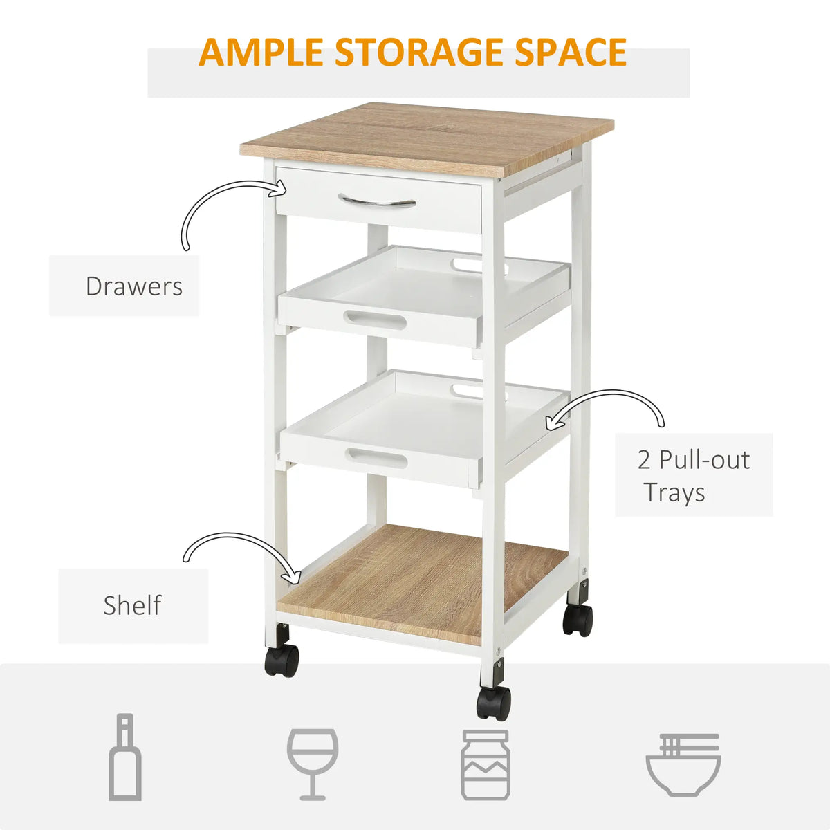 4-Tier Kitchen Cart, Removable Serving Tray, Wheels with Drawer, White Kitchen Islands & Kitchen Carts at Gallery Canada