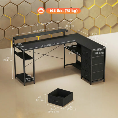 Gaming Desk With Power Outlets, LED Lights, Drawers, Monitor Stand, 61", Black Gaming Desks at Gallery Canada