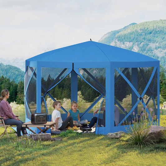 12' x 12' Hexagon Pop Up Screen Tent, Camping Shelter With Mesh Sidewalls, Carry Bag, Blue Pop Up Canopies Blue at Gallery Canada