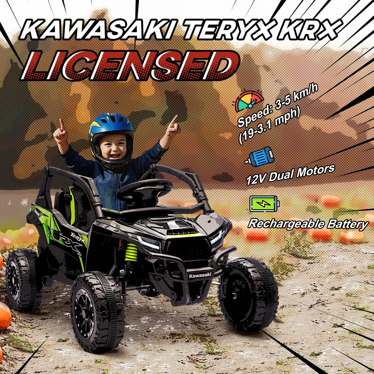 12V Ride On Truck, Licensed Kawasaki Teryx Krx 2WD Kids Electric Car, Black Electric Toy Cars at Gallery Canada