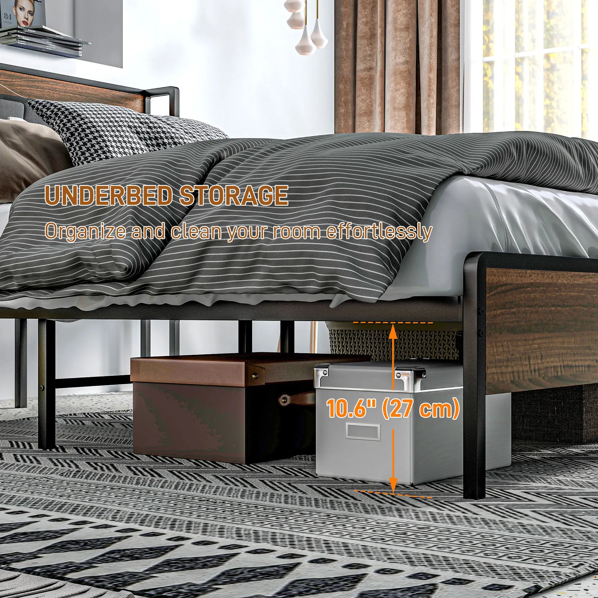 Full Size Bed Frame with Charging Station, Upholstered Headboard, Storage Shelf, Walnut Bed Frames at Gallery Canada