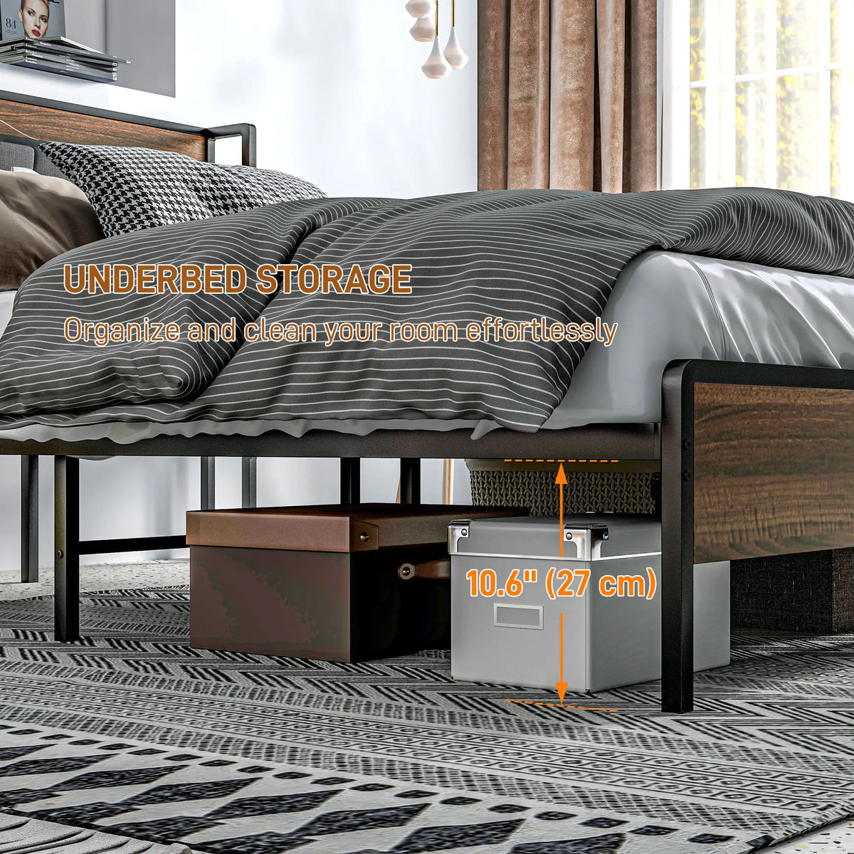 Full Size Bed Frame with Charging Station, Upholstered Headboard, Storage Shelf, Walnut Bed Frames at Gallery Canada